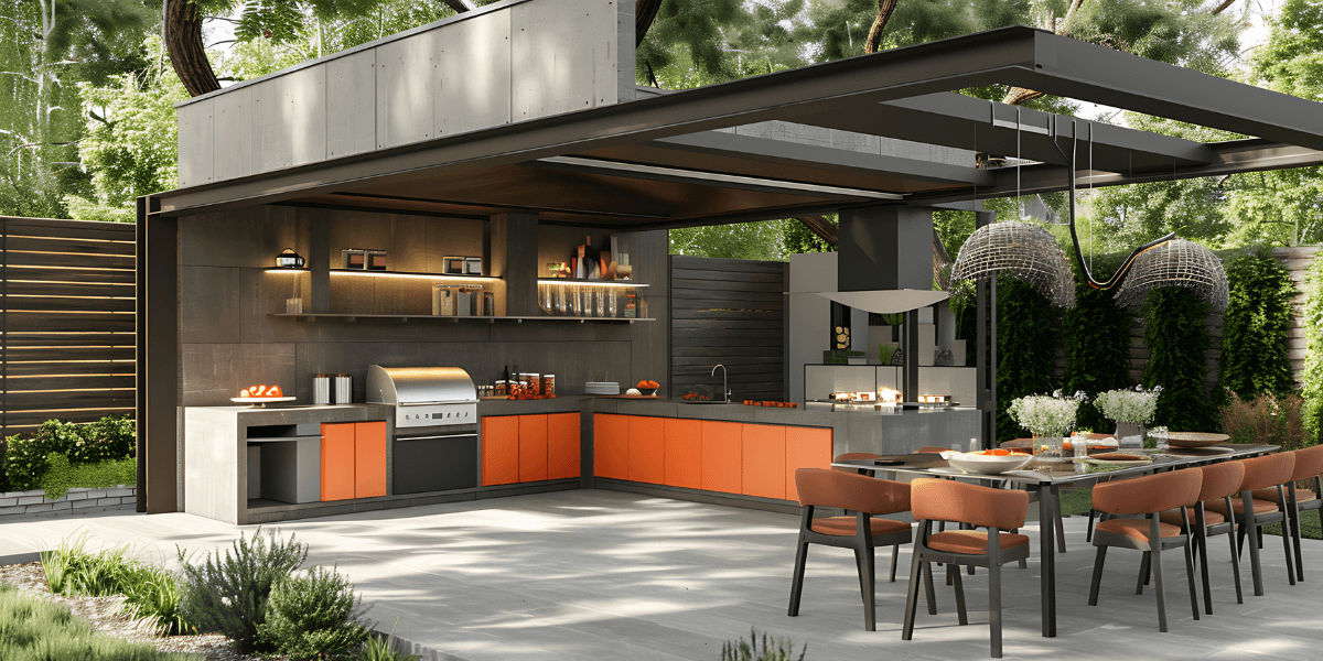 Beautiful outdoor kitchen with modern design, featuring a spacious cooking area and stylish seating.