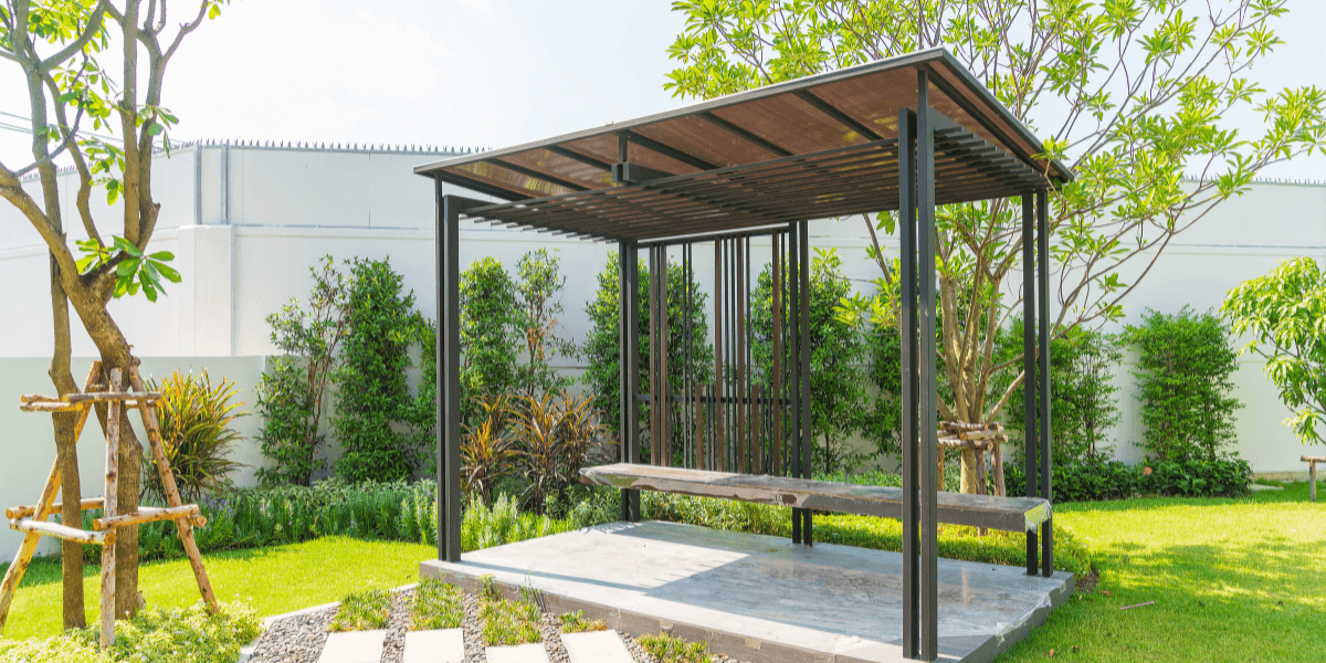 A custom-designed gazebo in a peaceful outdoor setting.